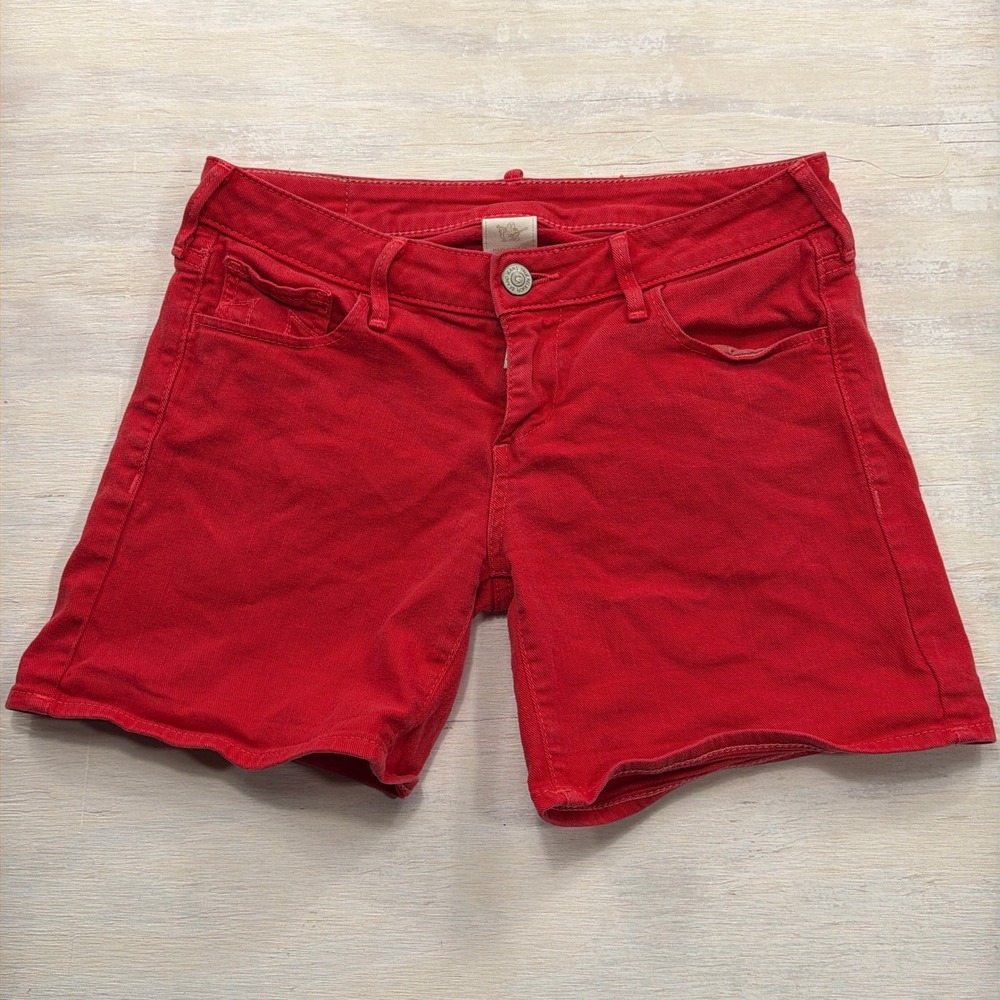 True Religion Denim Shorts Cassie Horseshoe Stitch Red Women Size 28